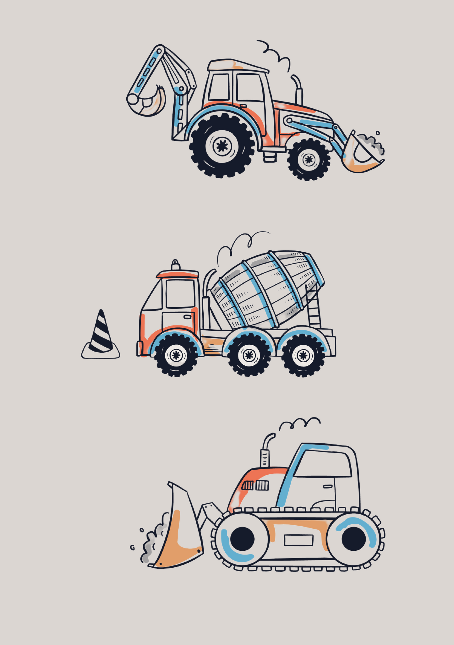 Construction Trucks Panel - Sandy Grey 100% Cotton Jersey