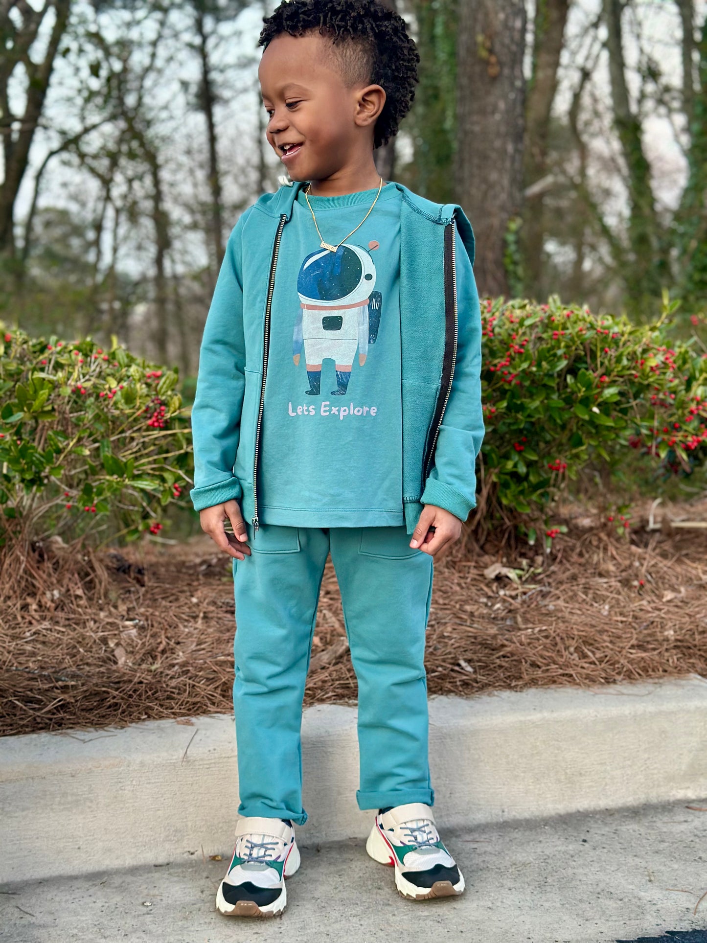 Let's Explore Panel - Deep Teal 100% Cotton Jersey