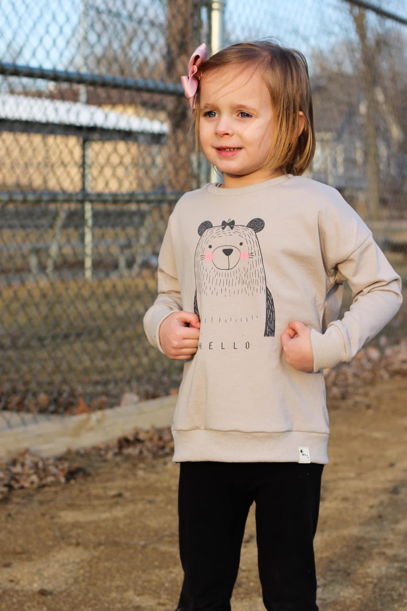 Hello, Goodbye Bear with Bow Panel - Sandy Grey 100% Cotton Jersey