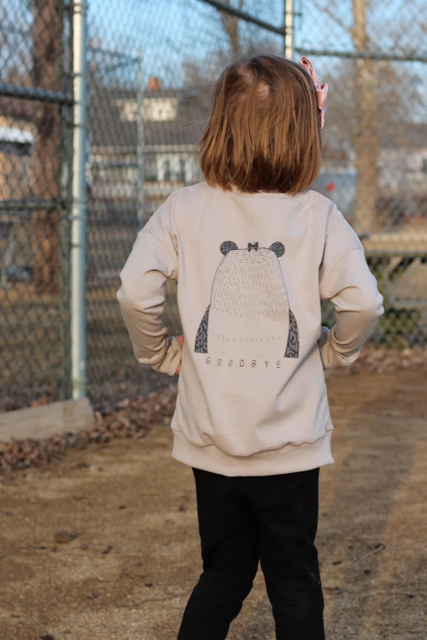 Hello, Goodbye Bear with Bow Panel - Sandy Grey 100% Cotton Jersey